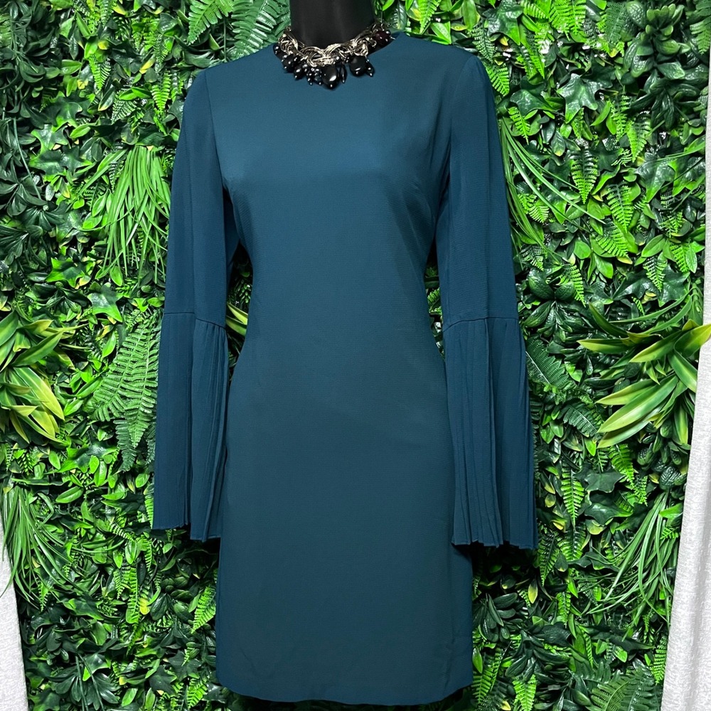 Maggy London Dress Size 4 Teal Green Pleated Bell Sleeve Sheath Career 3925